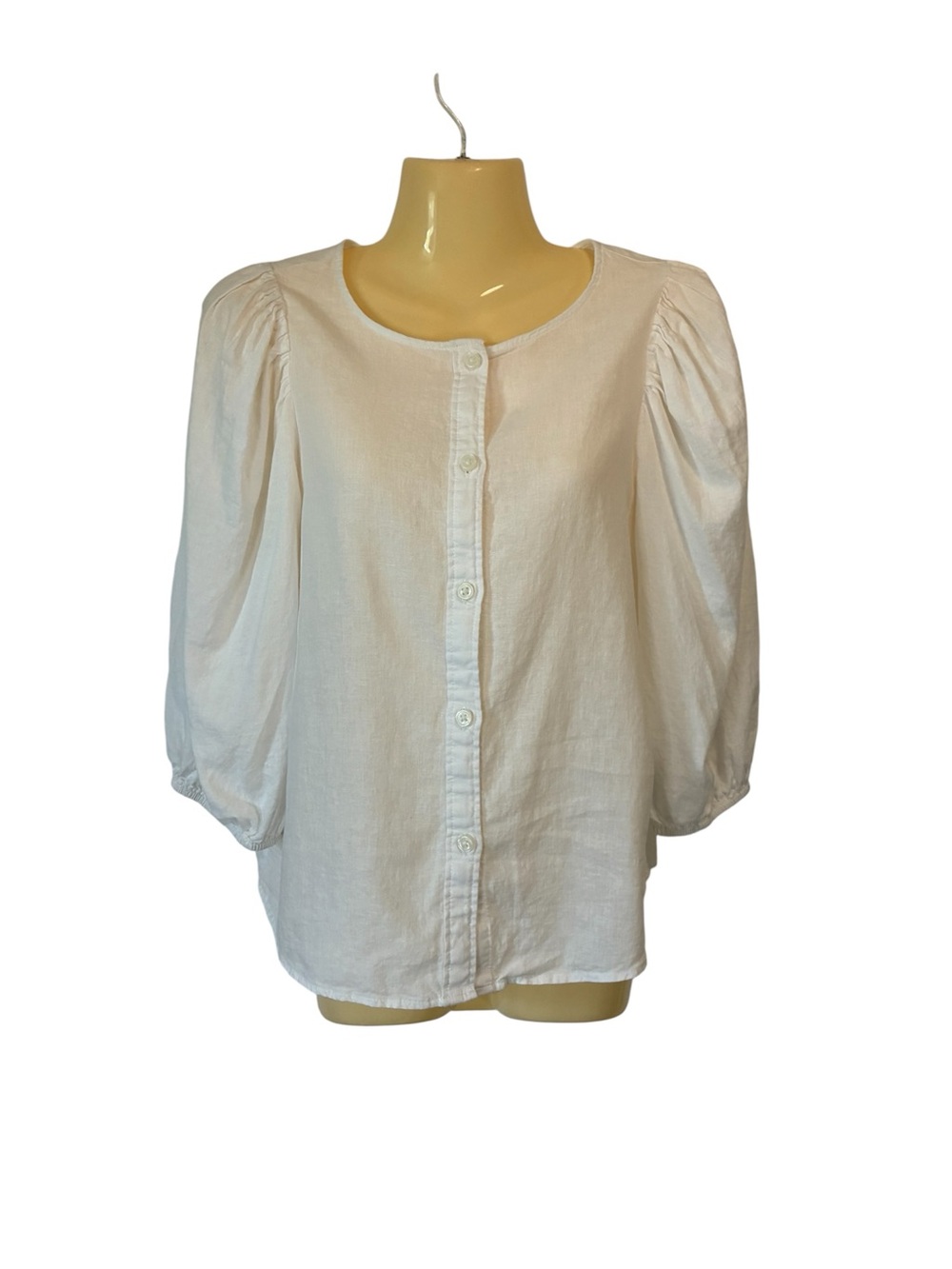 H&M Puff Sleeve Blouse Button Front Boho Coastal Beach Linen Blend White Small